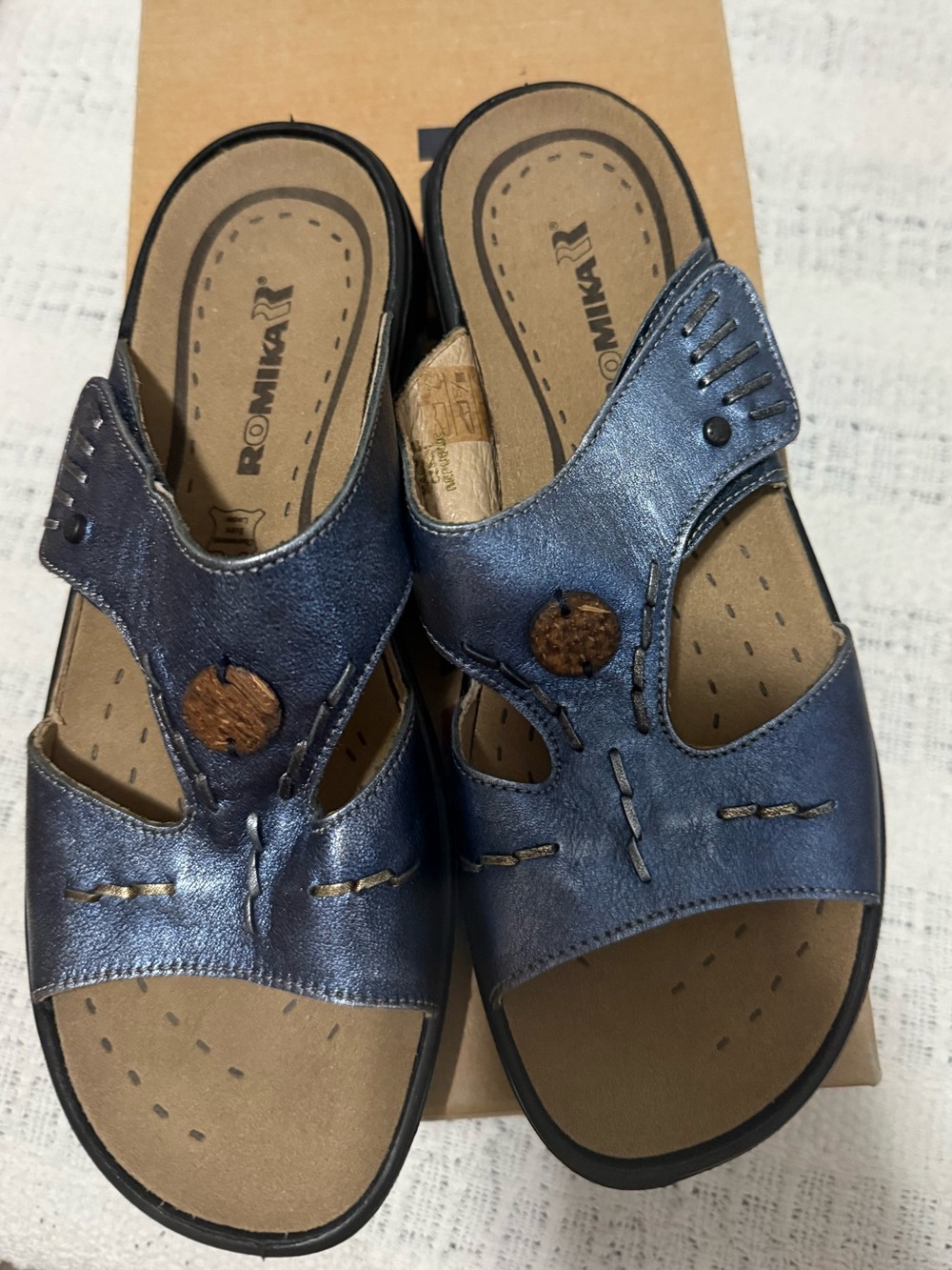 Romika Metallic Blue Slide Sandals with Button Accent and Velcro straps.  NWT